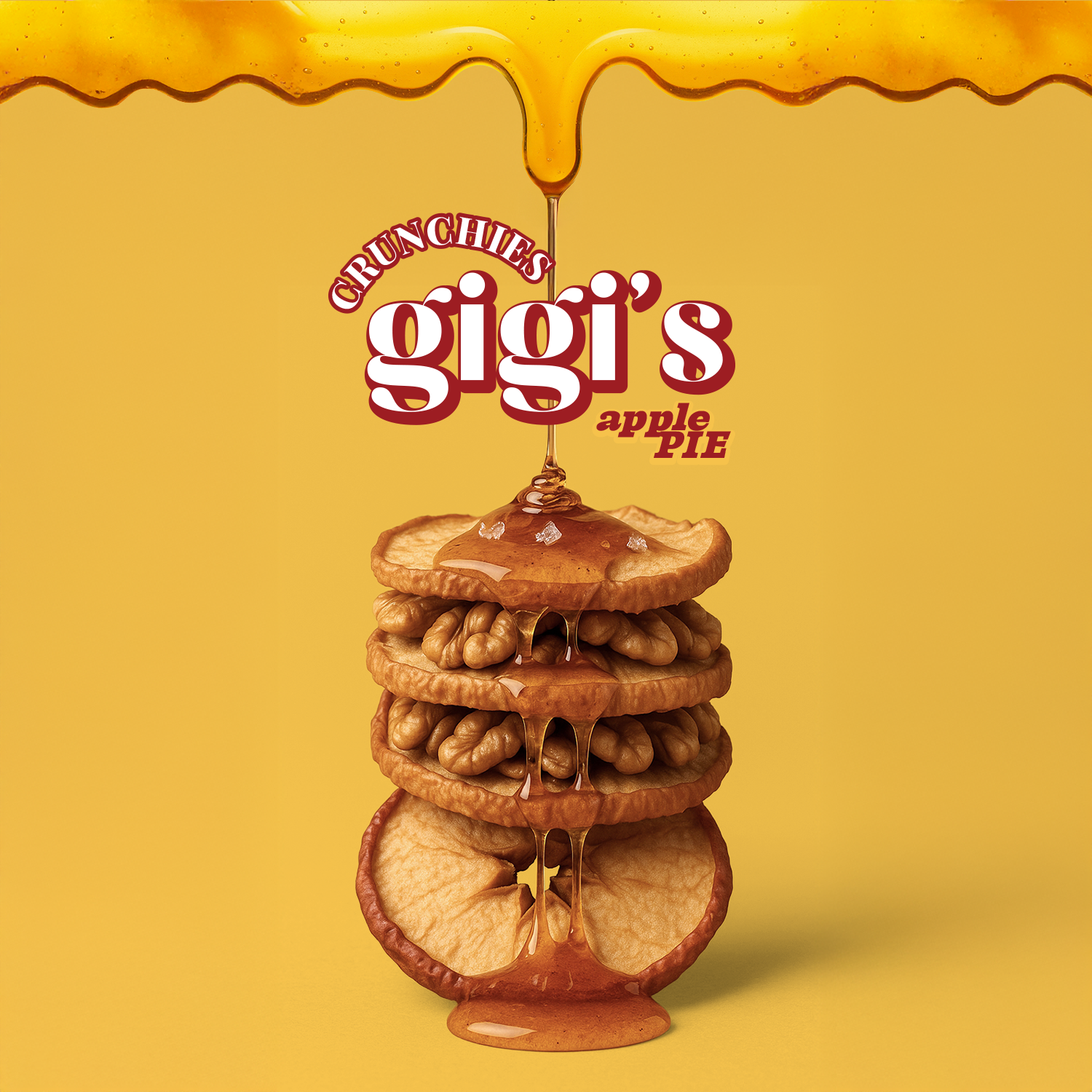 Stacked dried apple slices and walnuts with honey dripping from above on a yellow background