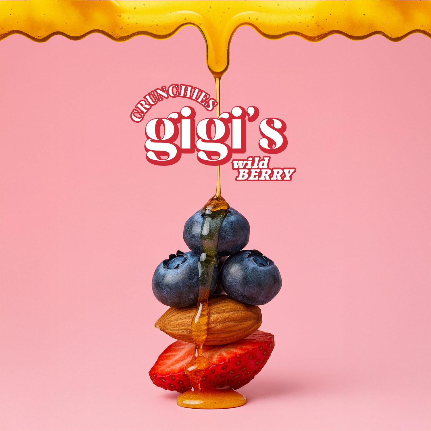Fruit stack with honey drizzle and 'gigi's' branding on a pink background