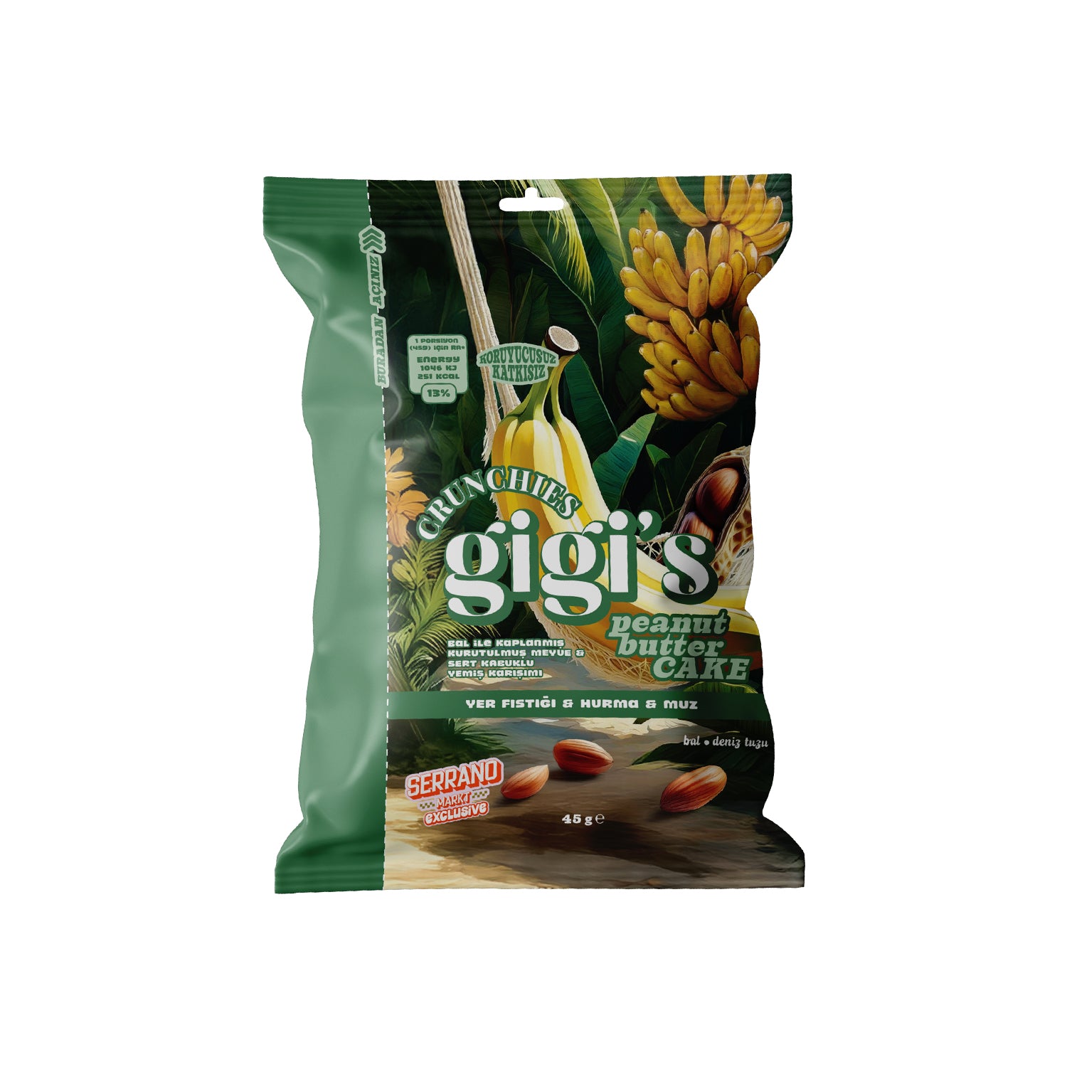 Gigi’s Crunchies Energy – hurma, yer fıstığı ve muz içeren sağlıklı atıştırmalık paket fotoğrafı