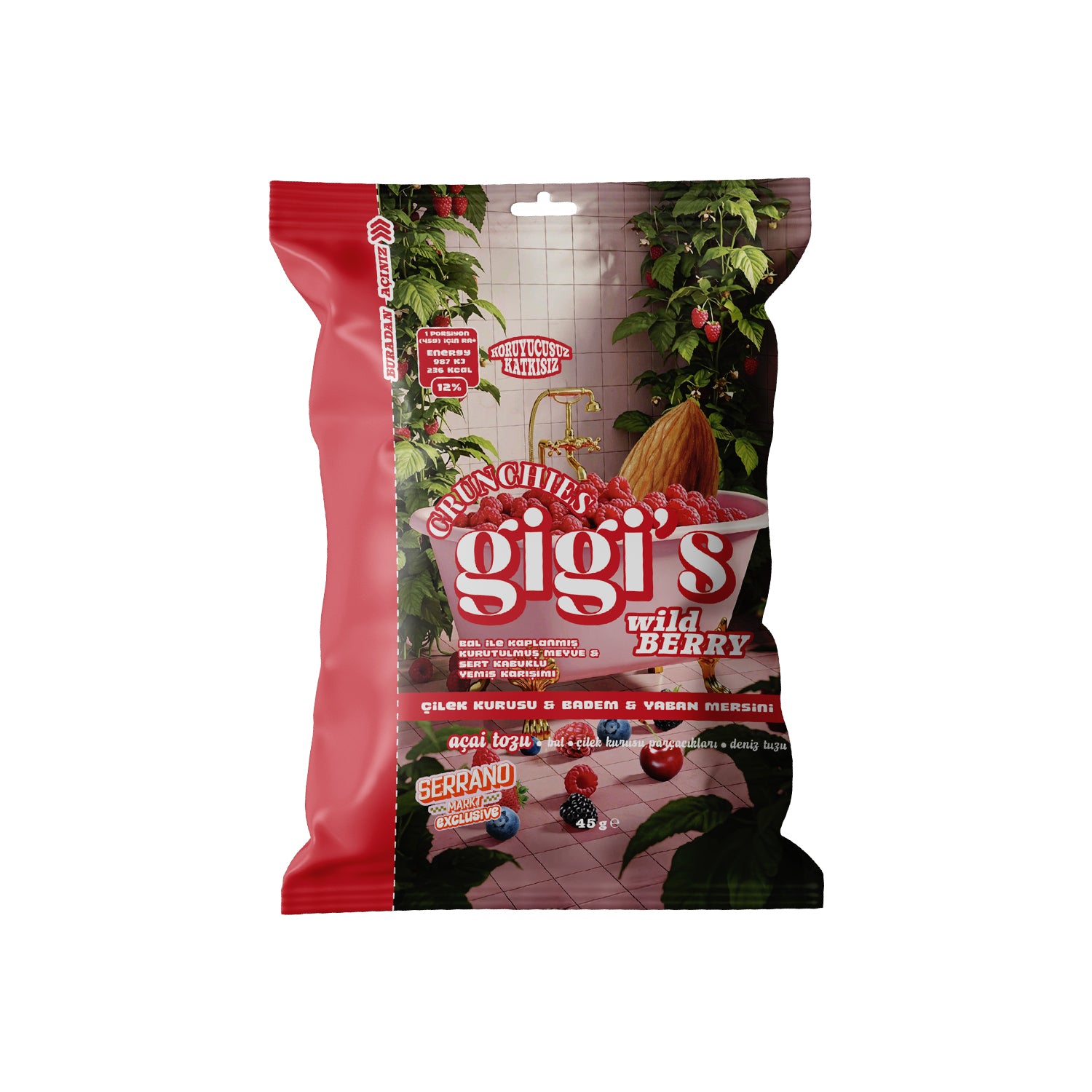 Gigi’s Crunchies Wild Berry – çilek, badem ve yaban mersini içeren sağlıklı atıştırmalık paket fotoğrafı